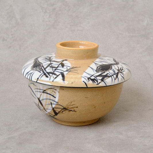 銹絵染付蓋付碗 葦鶴紋 ・酸化焼成（清水焼・乾山写） | 宮本 博