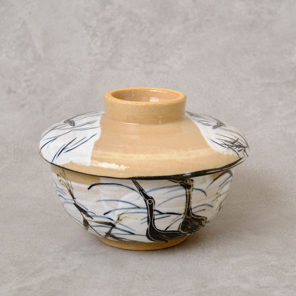 銹絵染付蓋付碗 葦鶴紋 ・酸化焼成（清水焼・乾山写） | 宮本 博