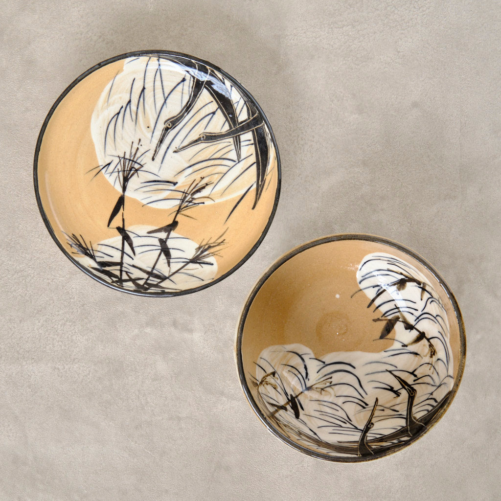 銹絵染付蓋付碗 葦鶴紋 ・酸化焼成（清水焼・乾山写） | 宮本 博