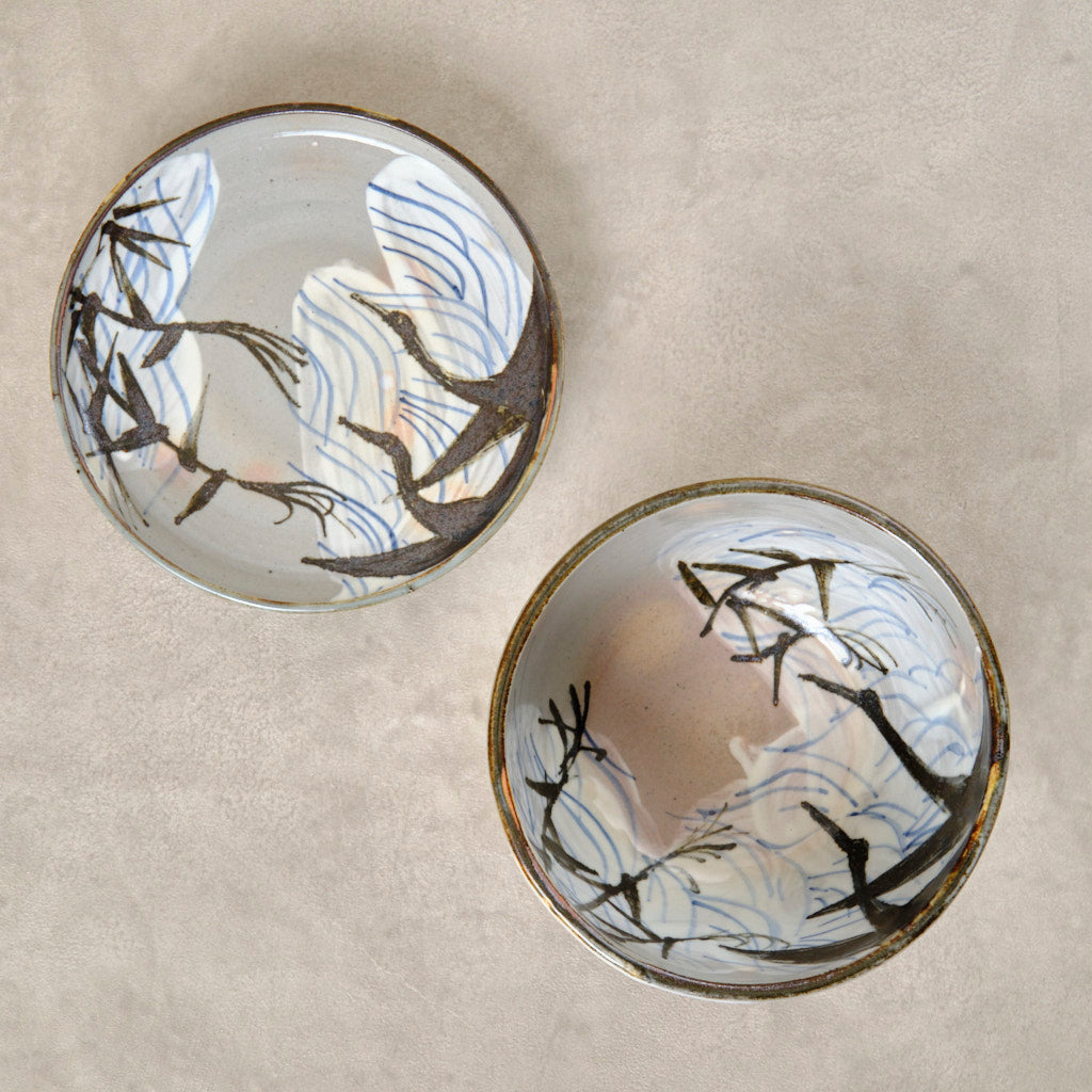 銹絵染付蓋付碗 葦鶴紋 ・還元焼成（清水焼・乾山写） | 宮本 博