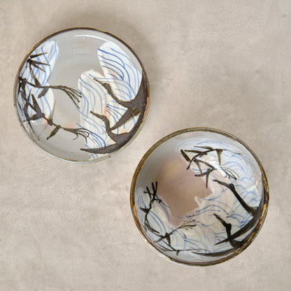 銹絵染付蓋付碗 葦鶴紋 ・還元焼成（清水焼・乾山写） | 宮本 博