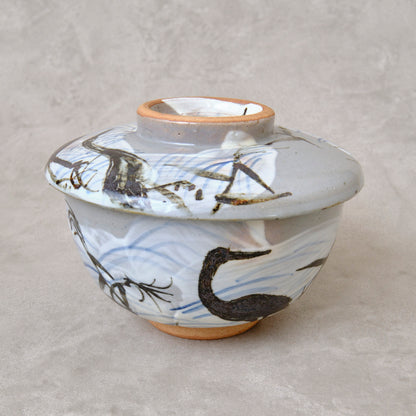 銹絵染付蓋付碗 葦鶴紋 ・還元焼成（清水焼・乾山写） | 宮本 博