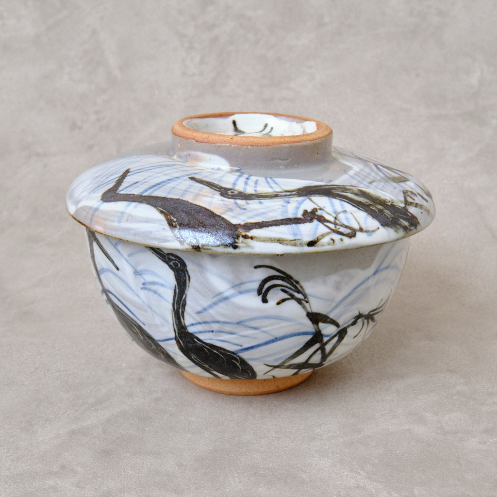 銹絵染付蓋付碗 葦鶴紋 ・還元焼成（清水焼・乾山写） | 宮本 博