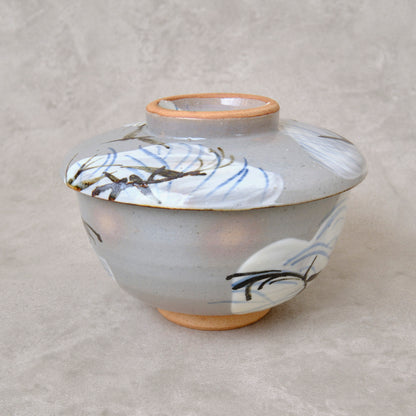 銹絵染付蓋付碗 葦鶴紋 ・還元焼成（清水焼・乾山写） | 宮本 博