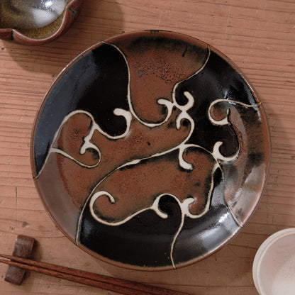 [ 村澤 享 ] 柿釉抜絵7寸・中皿③ - 益子焼