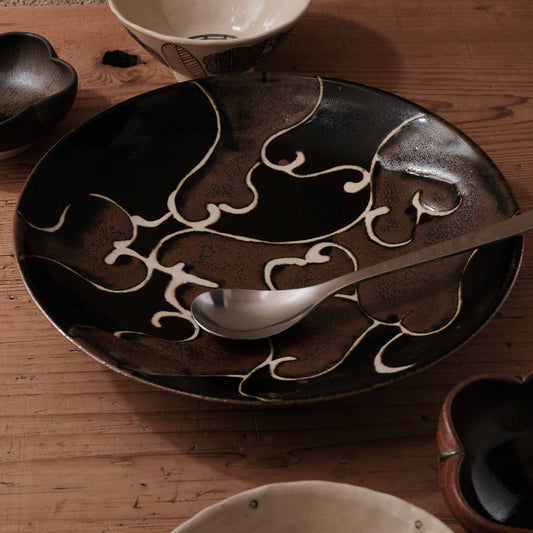 [ 村澤 享 ] 柿釉抜絵9寸・大皿 - 益子焼