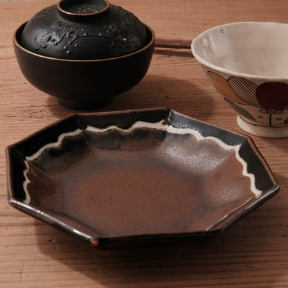 [ 村澤 享 ] 波縁取り八角6寸中鉢 柿黒釉 - 益子焼