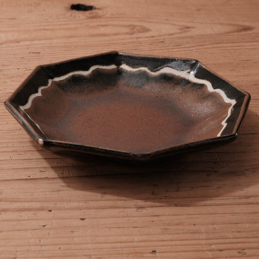 [ 村澤 享 ] 波縁取り八角6寸中鉢 柿黒釉 - 益子焼