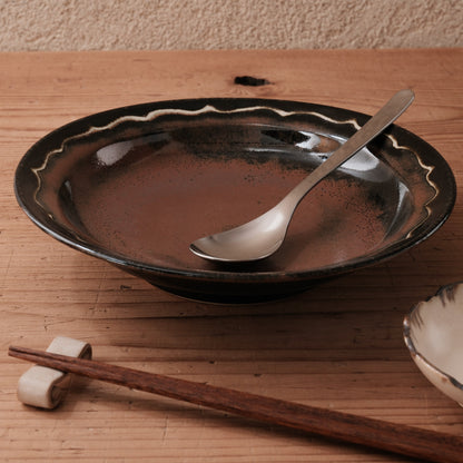 [ 村澤 享 ] 波縁取り8寸・大鉢 柿黒釉 - 益子焼