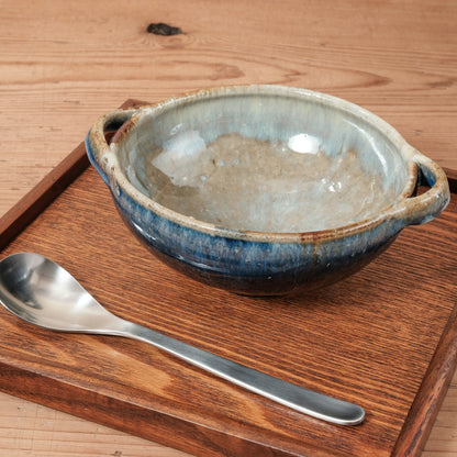 [ 田尾 明子 ] 両耳スープカップ 青釉 幅約18.5cm